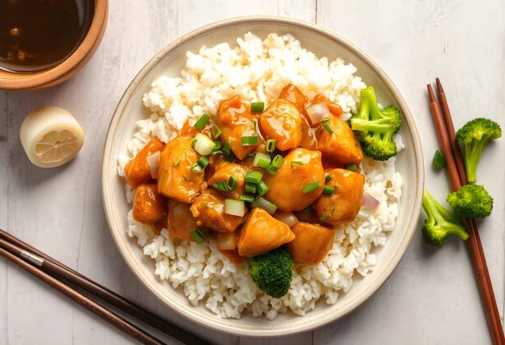 Tsos Chicken Served with Rice and Broccoli